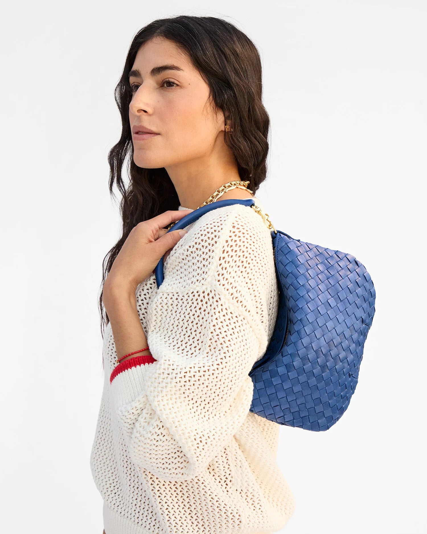 Clare V. Petit Moyen Messenger Woven Diagonal in French Blue