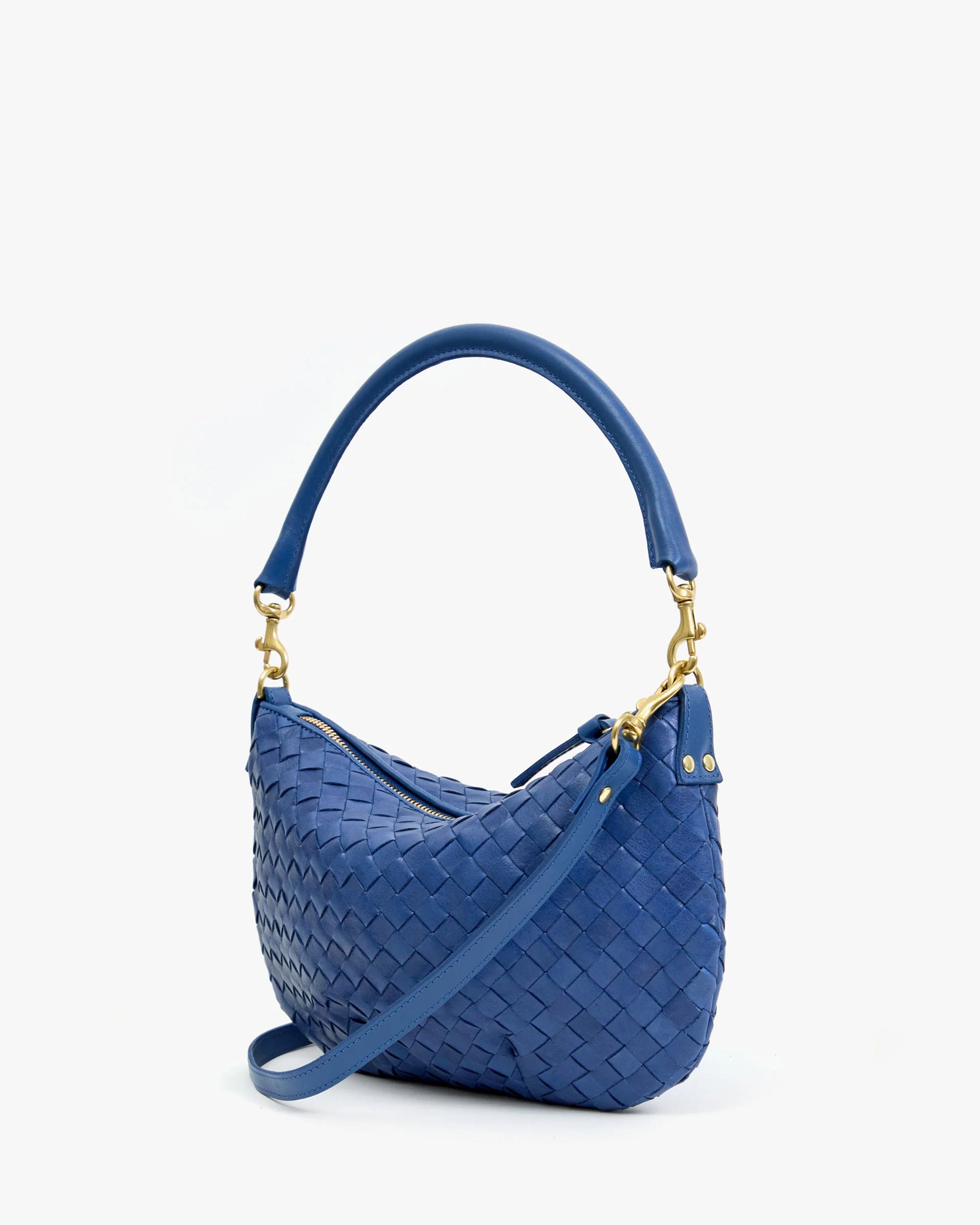Clare V. Petit Moyen Messenger Woven Diagonal in French Blue