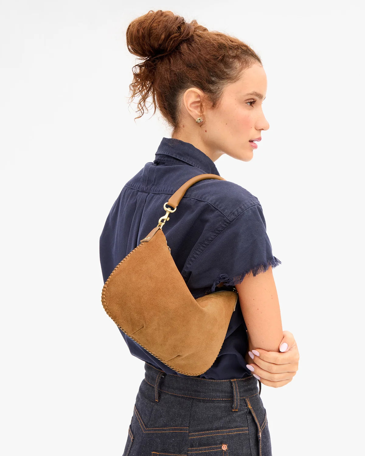 Clare V. Petit Moyen Messenger in Caramel Suede w/ Whipstitch