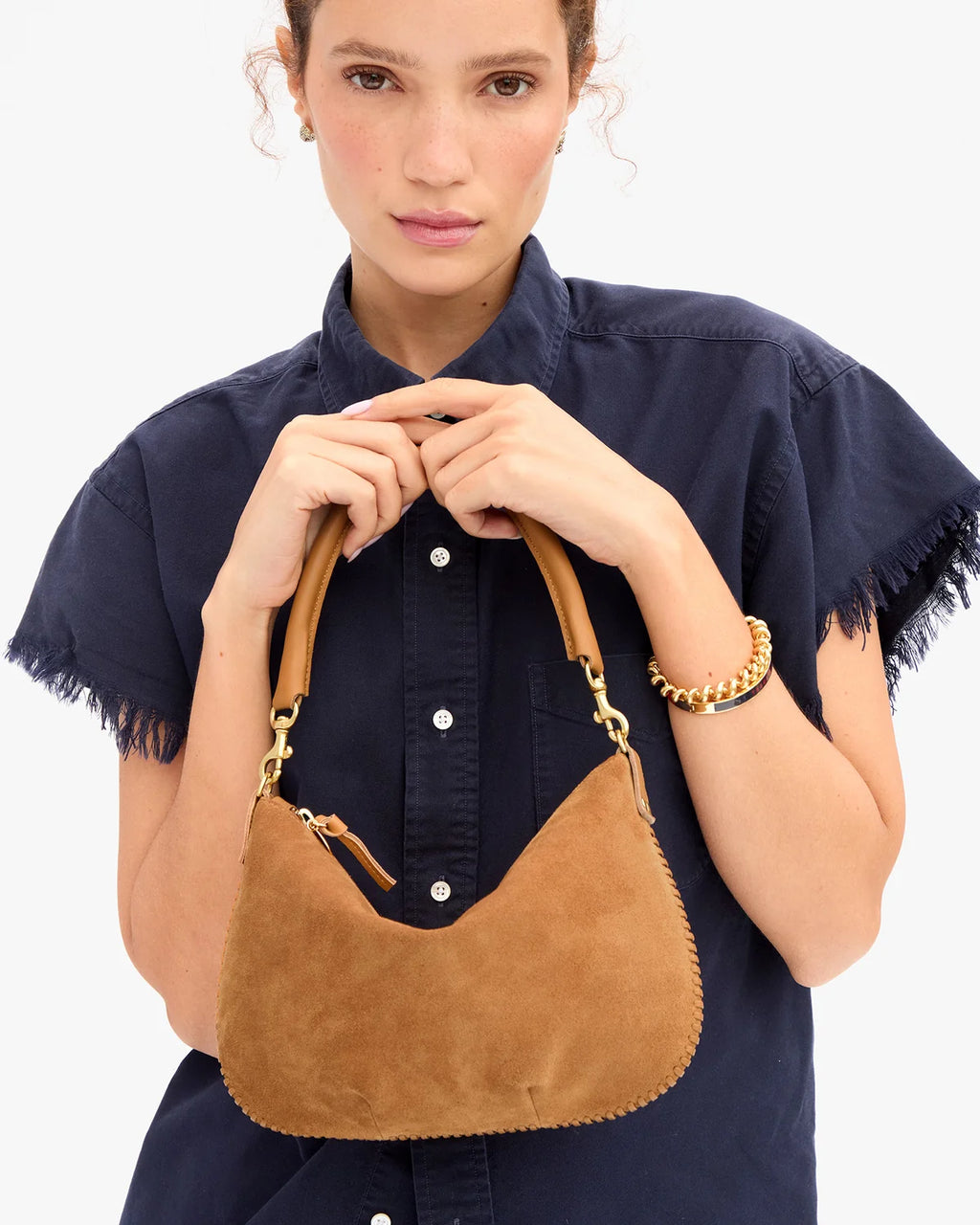 Clare V. Petit Moyen Messenger in Caramel Suede w/ Whipstitch