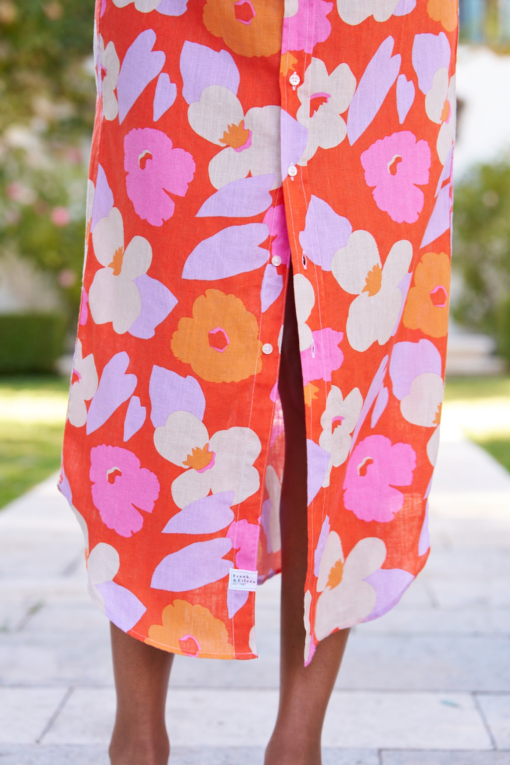 Frank & Eileen Rory Maxi Shirtdress in Italian Linen – Pink Orange Floral