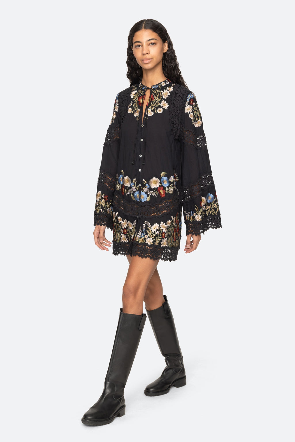 Sea New York Ruwa Embroidered Flare Mini Dress in Black