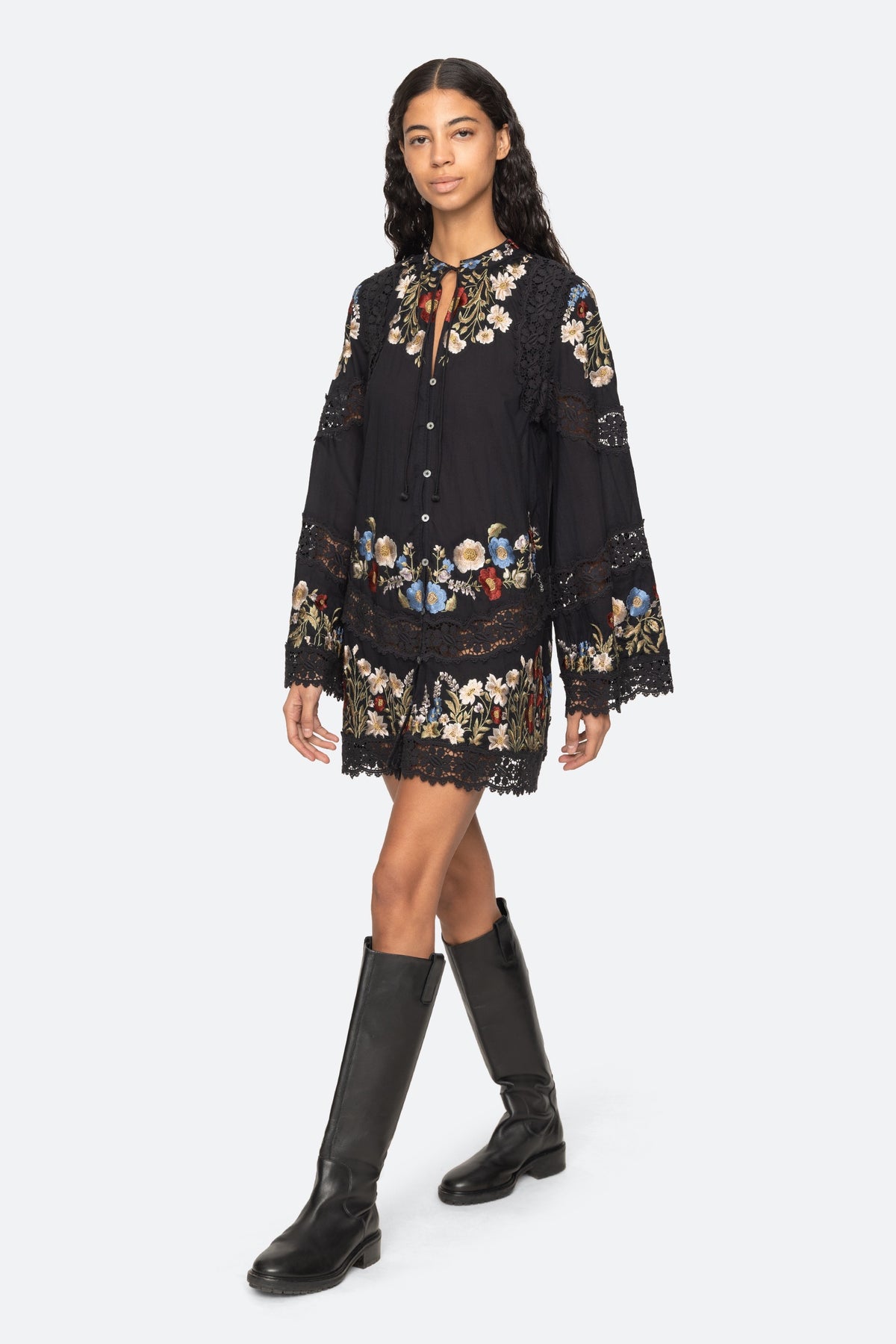 Sea New York Ruwa Embroidered Flare Mini Dress in Black