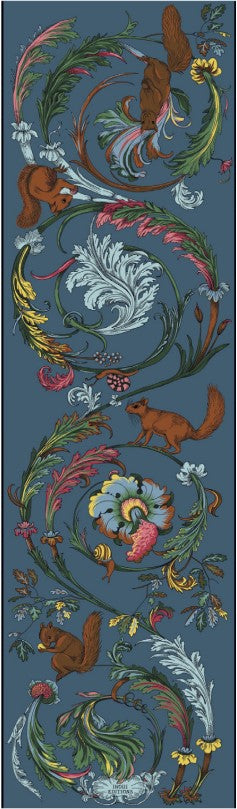 Decorative rug with nature-themed design featuring animals and plants on a blue background