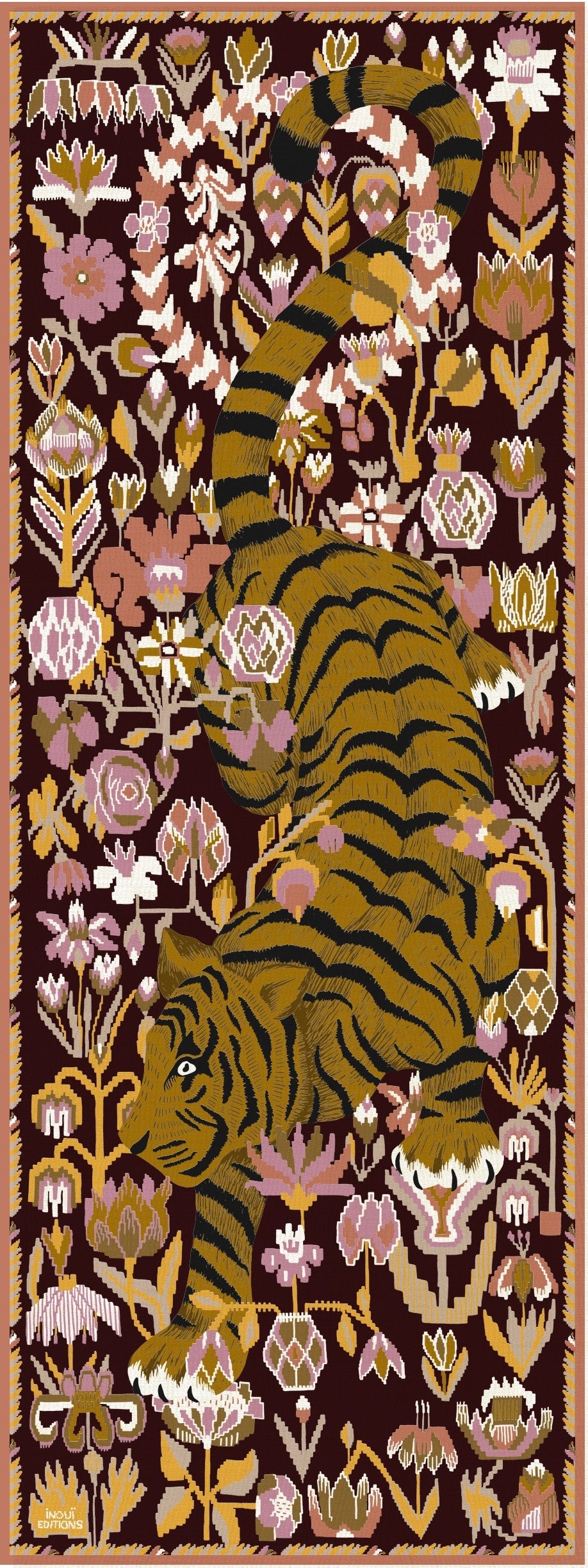 Decorative scarf with a tiger and floral patterns on a brown background
