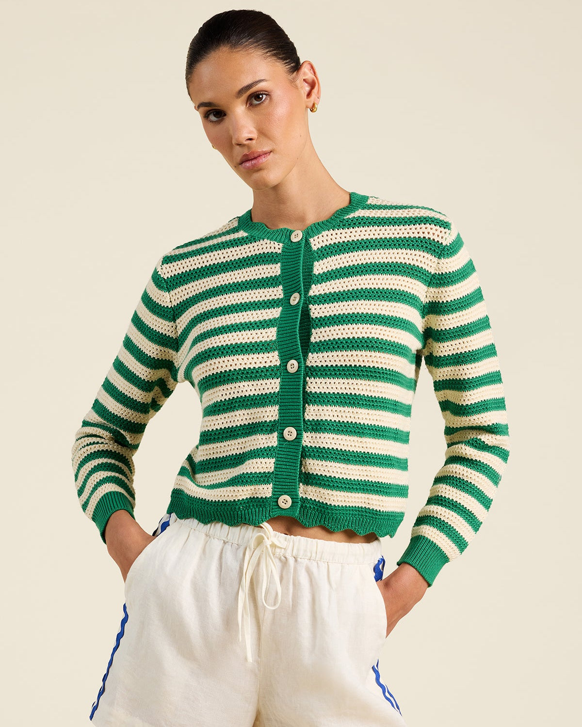 Trovata Vento Cardigan in Green Stripe - Cotton Knit Cardigan