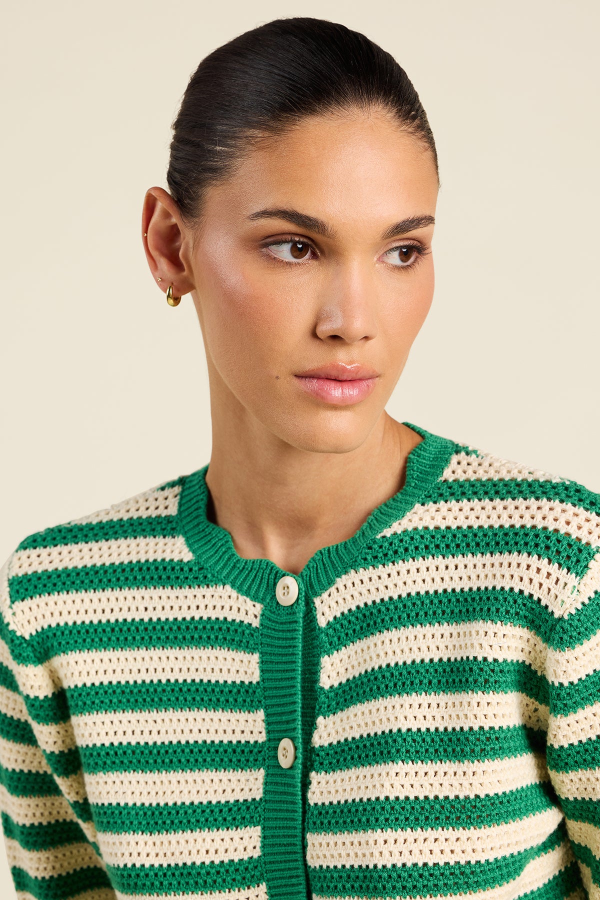 Trovata Vento Cardigan in Green Stripe - Cotton Knit Cardigan