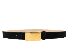 Gold belt buckle on a black belt against a white background