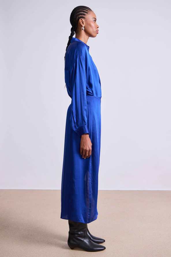 Woman wearing a blue dress with long sleeves and a high collar, standing against a plain background.