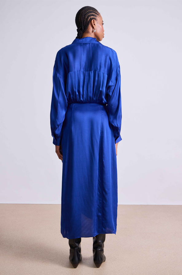 Person wearing a long blue dress against a plain background
