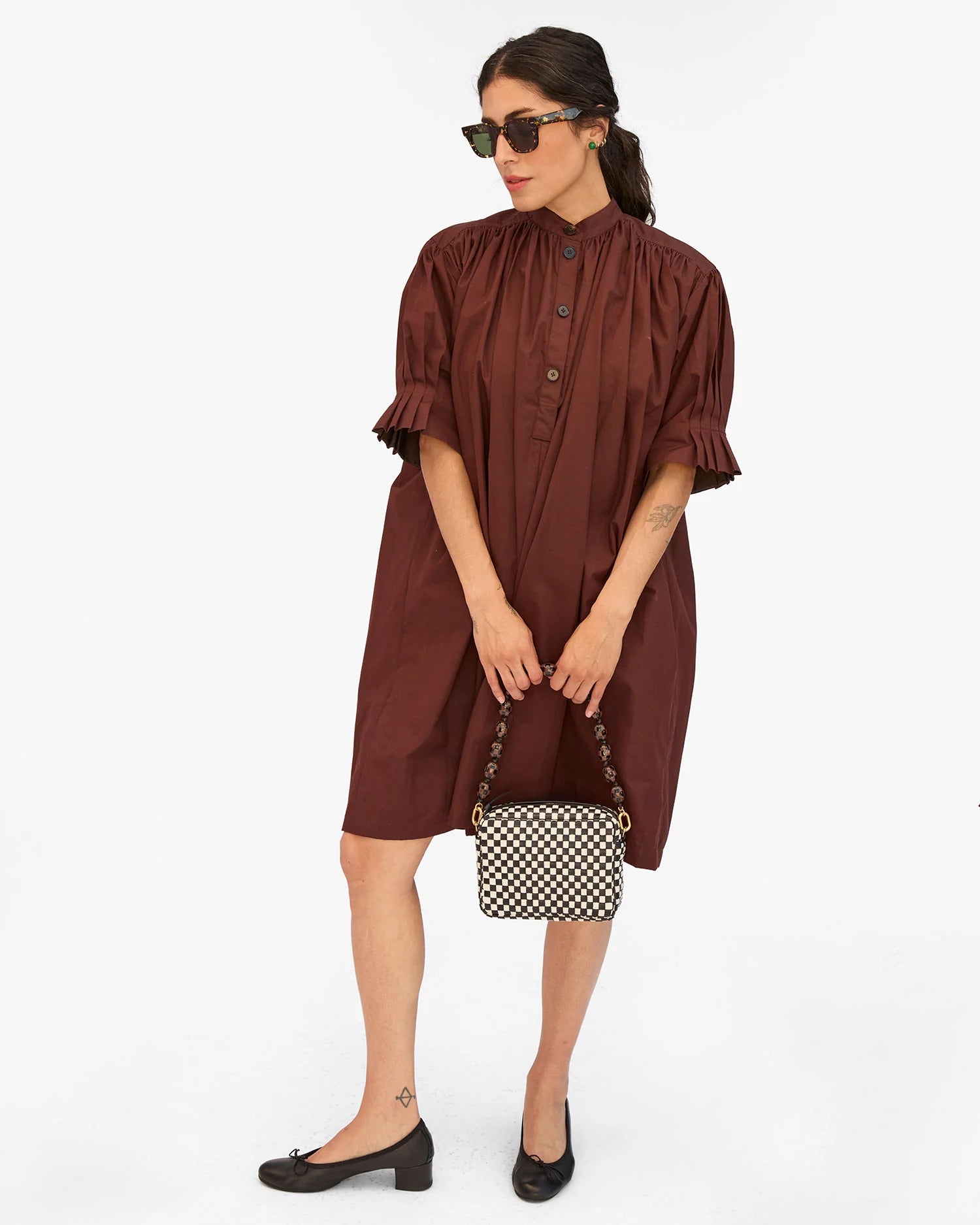 Clare V. Shortie Strap Checker in Black/Brown