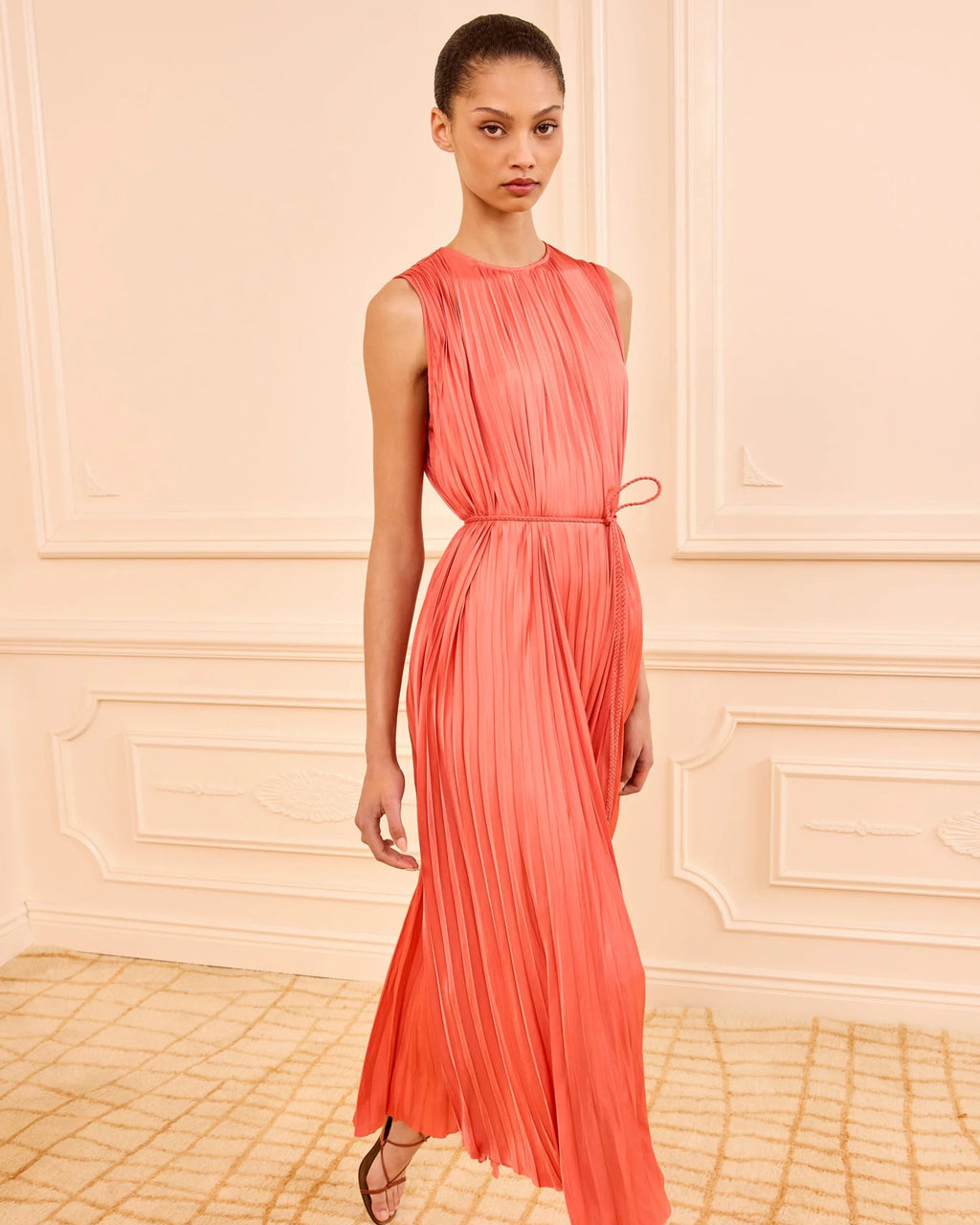ulla johnson orange dress Ulla Johnson Fianna Dress – Pleated Midi Plissé Satin A-Line Dress – Maison Djouf