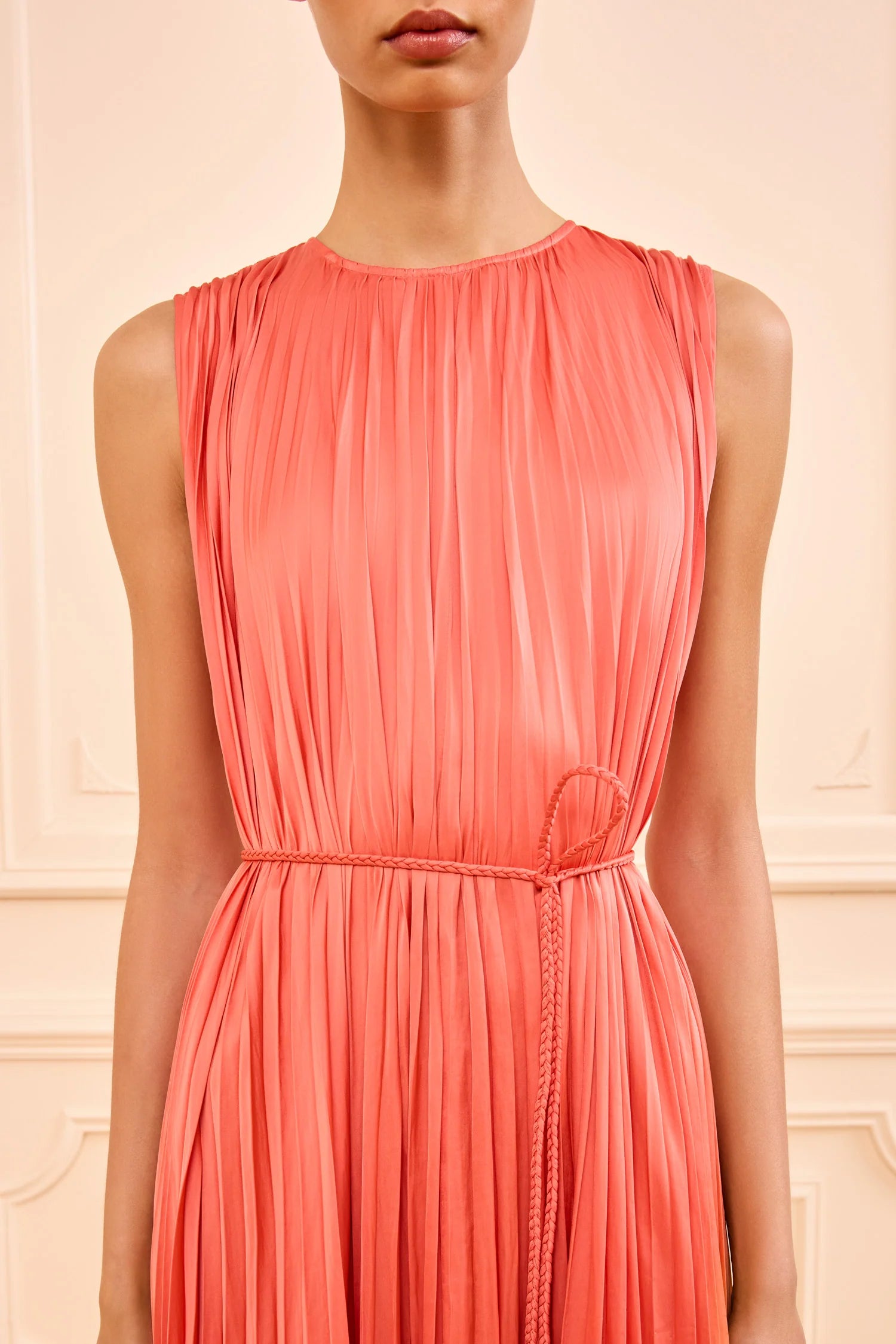 ulla johnson orange dress Ulla Johnson Fianna Dress – Pleated Midi Plissé Satin A-Line Dress – Maison Djouf