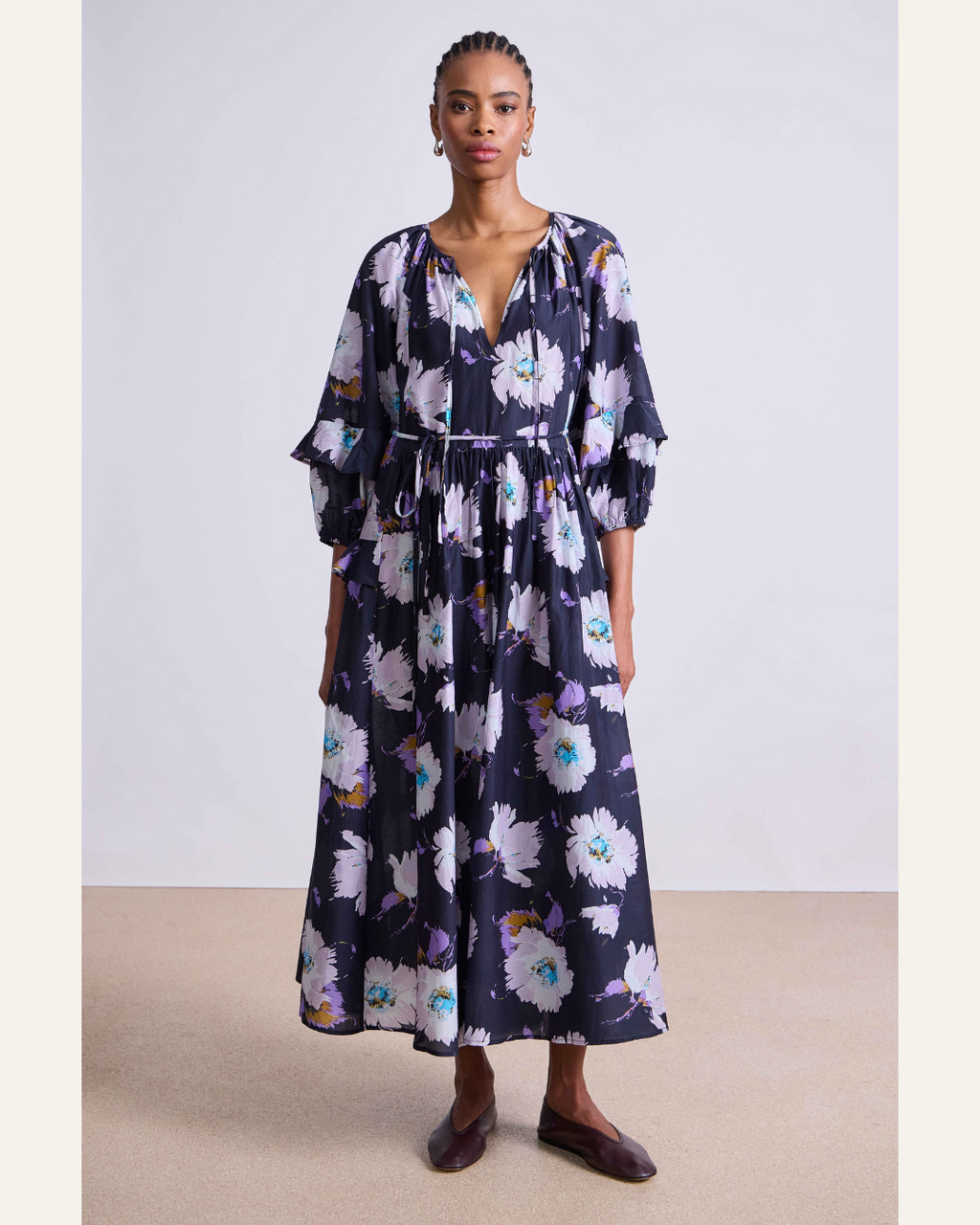 Apiece Apart Skala Maxi Dress – Cotton Silk Blend in Senna Floral Navy