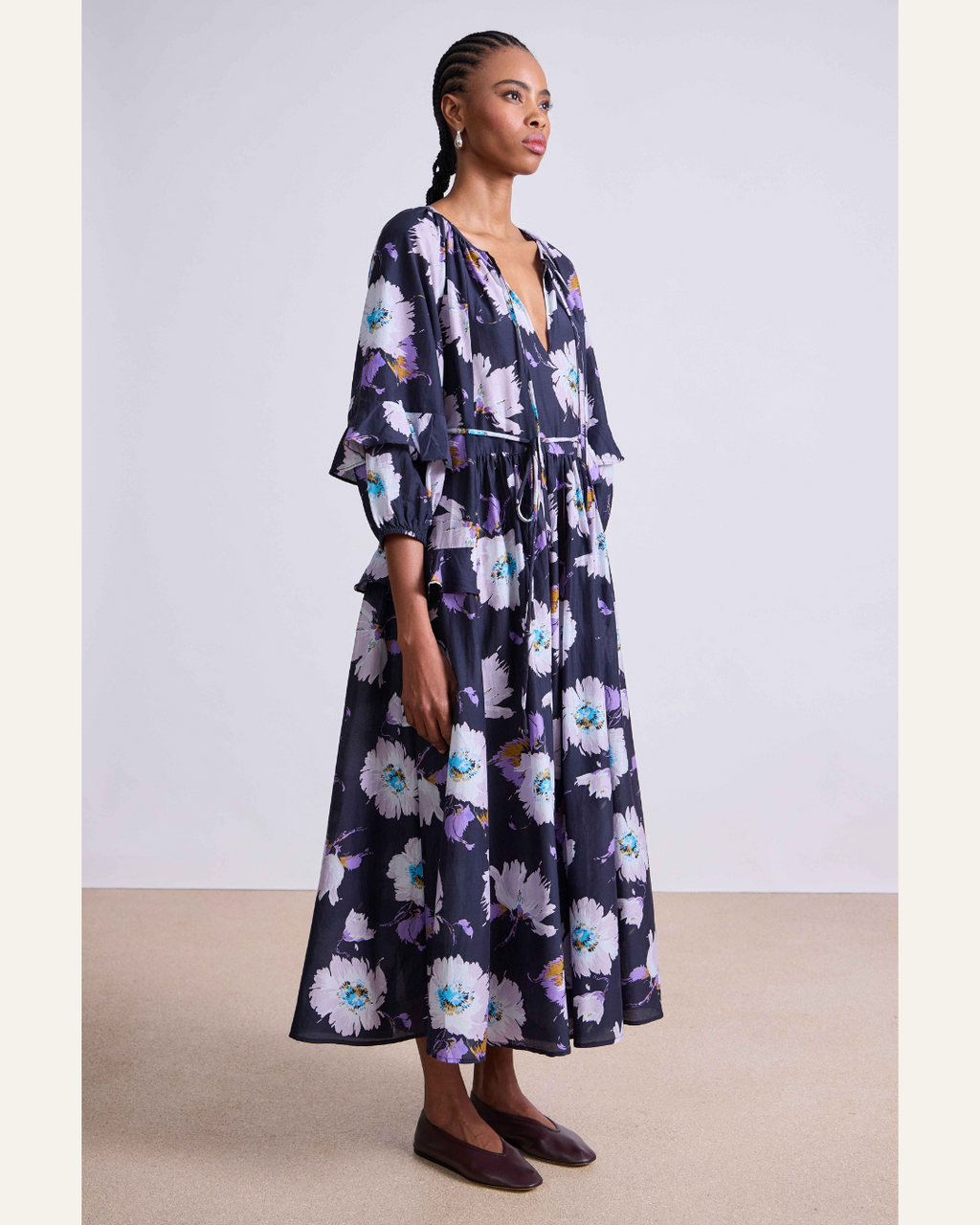 Apiece Apart Skala Maxi Dress – Cotton Silk Blend in Senna Floral Navy