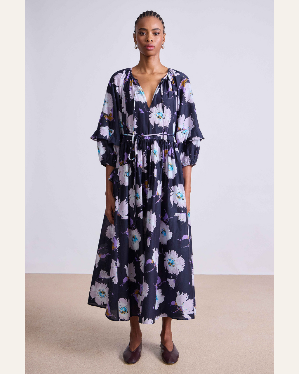 Apiece Apart Skala Maxi Dress – Cotton Silk Blend in Senna Floral Navy
