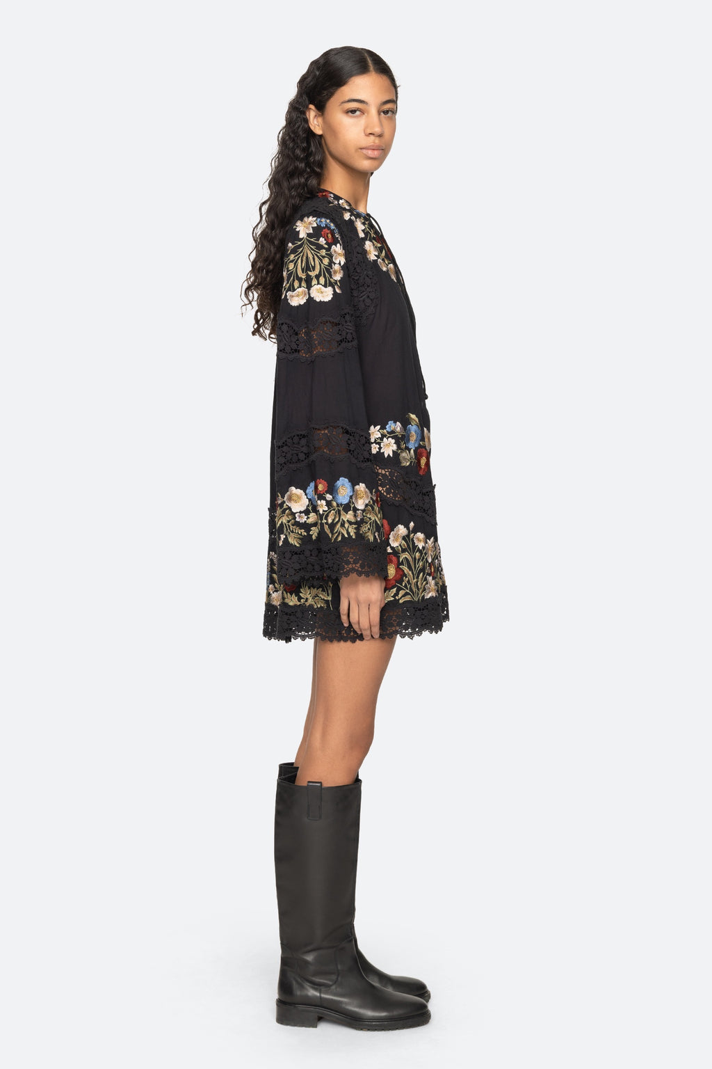 Sea New York Ruwa Embroidered Flare Mini Dress in Black
