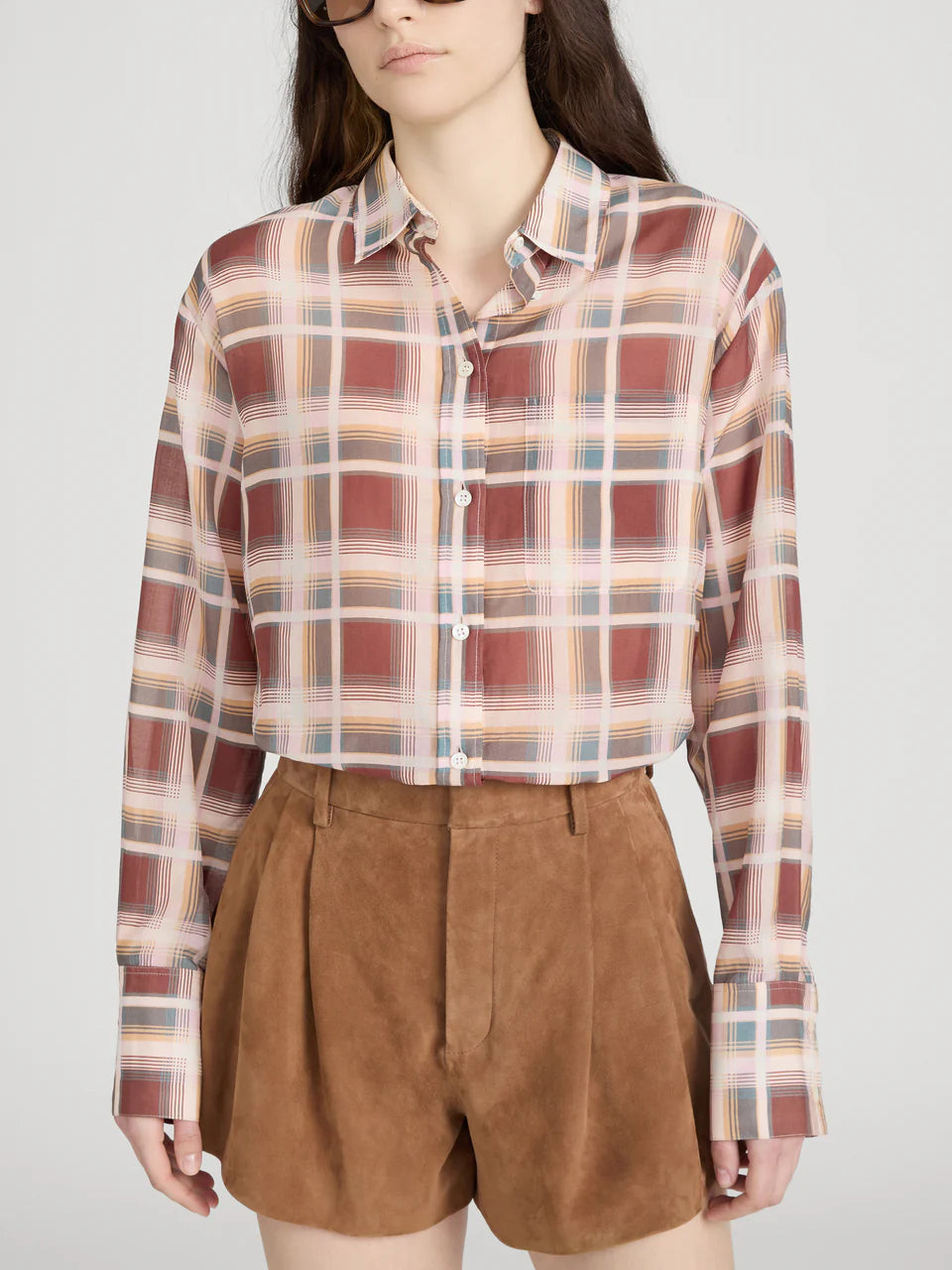 FRAME The Boy Shirt in Silver Peony Plaid