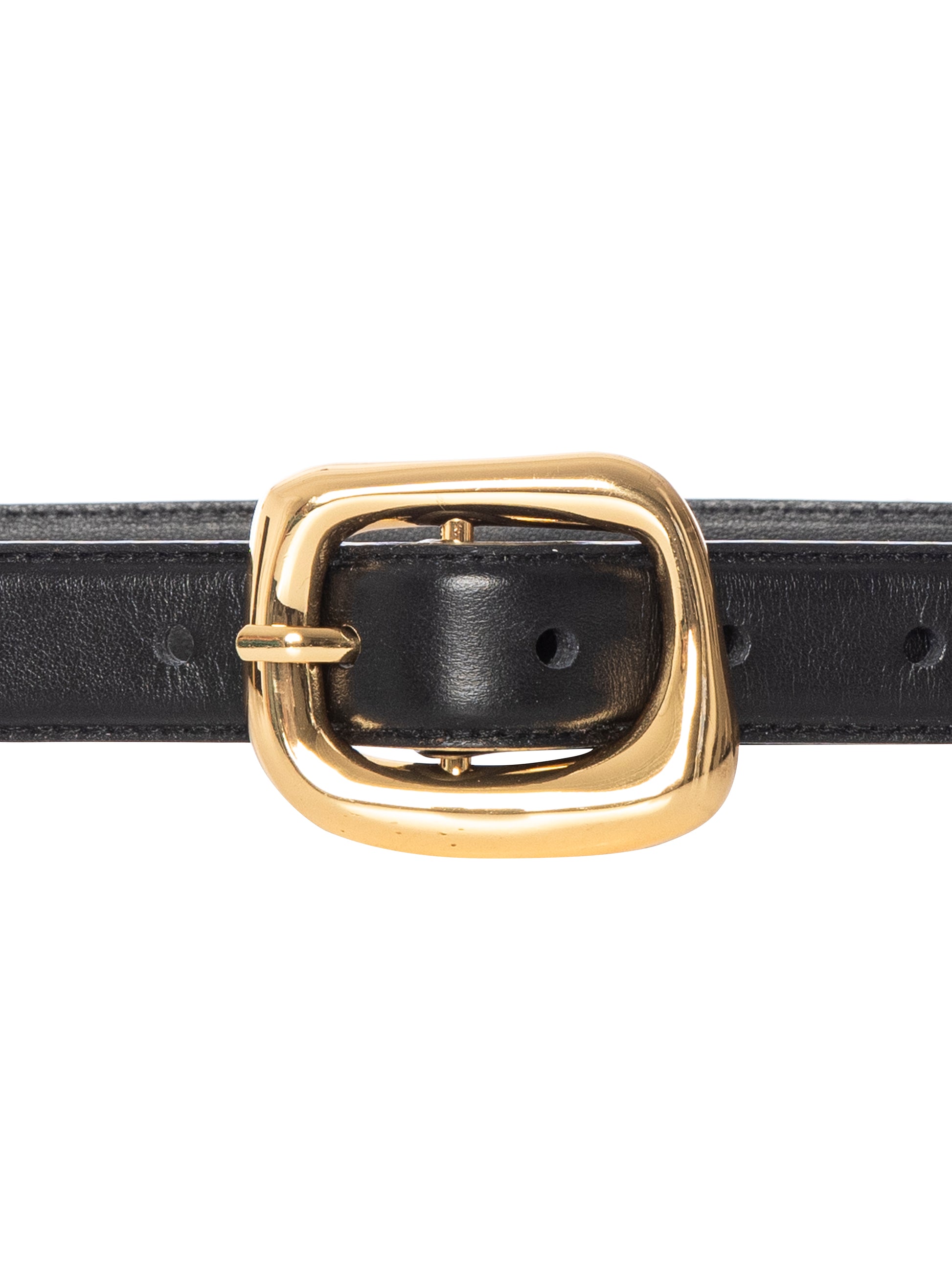 Black leather belt with a gold buckle on a white background