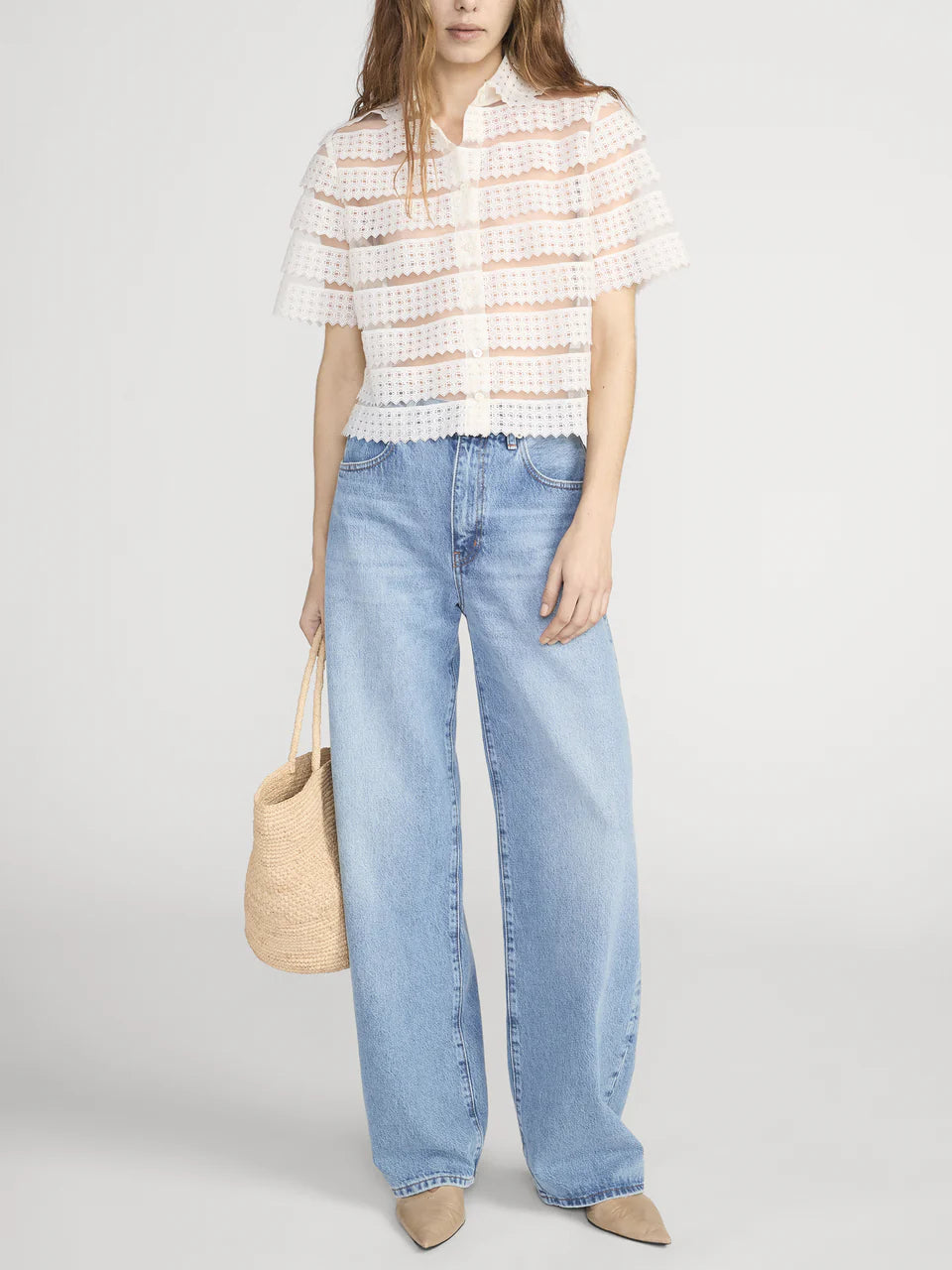 FRAME The Lattice Crochet Blouse in Cream