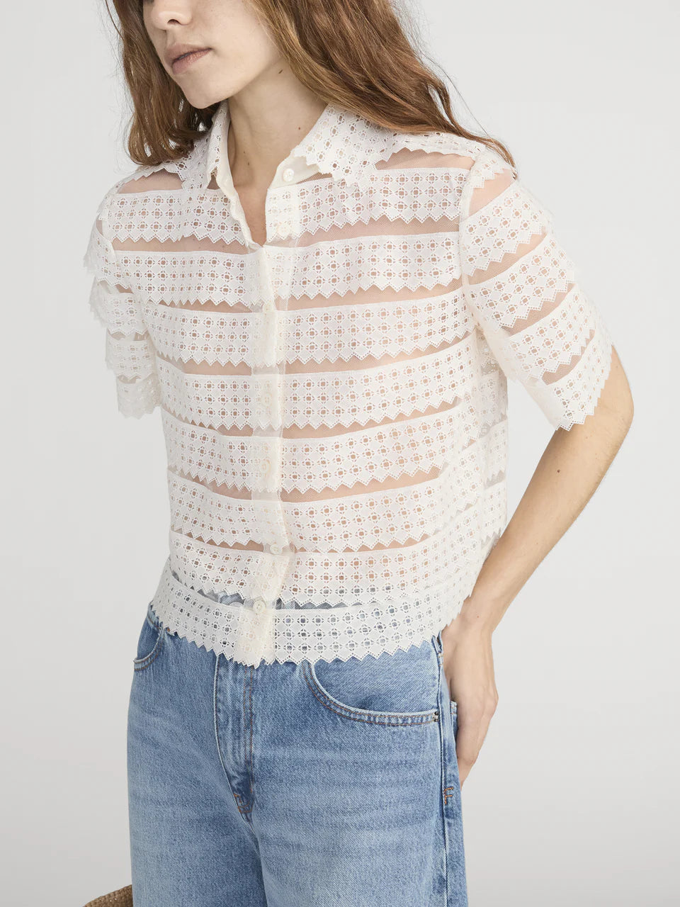 FRAME The Lattice Crochet Blouse in Cream