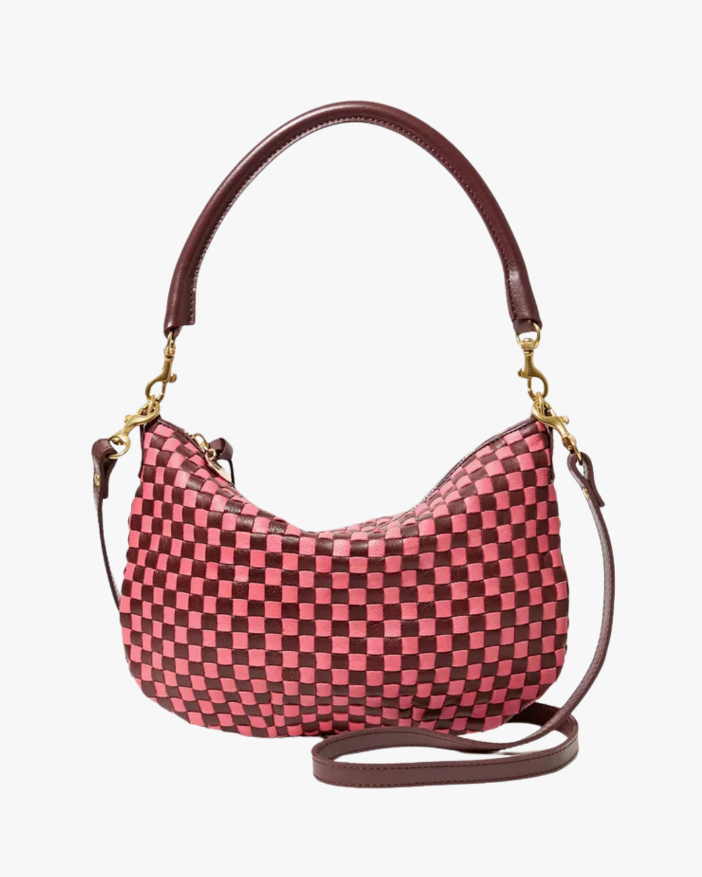 Clare V. Petit Moyen Messenger in Raisin/Petal Woven Checker