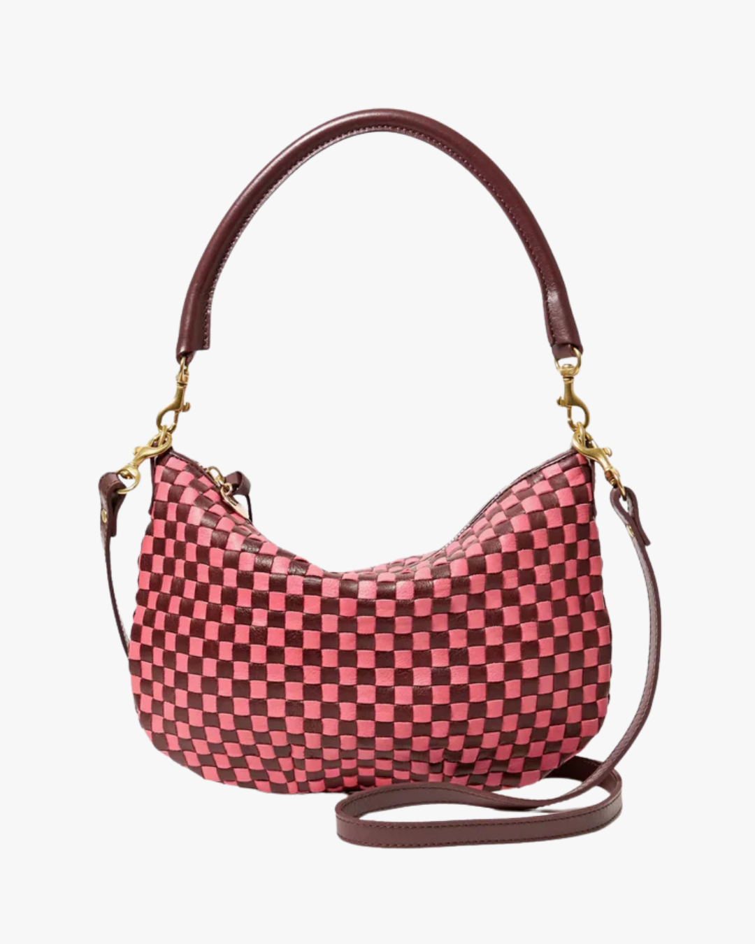 Clare V. Petit Moyen Messenger in Raisin/Petal Woven Checker