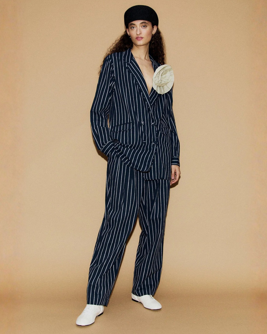 Silk Laundry Relaxed Blazer in Egret Stripe