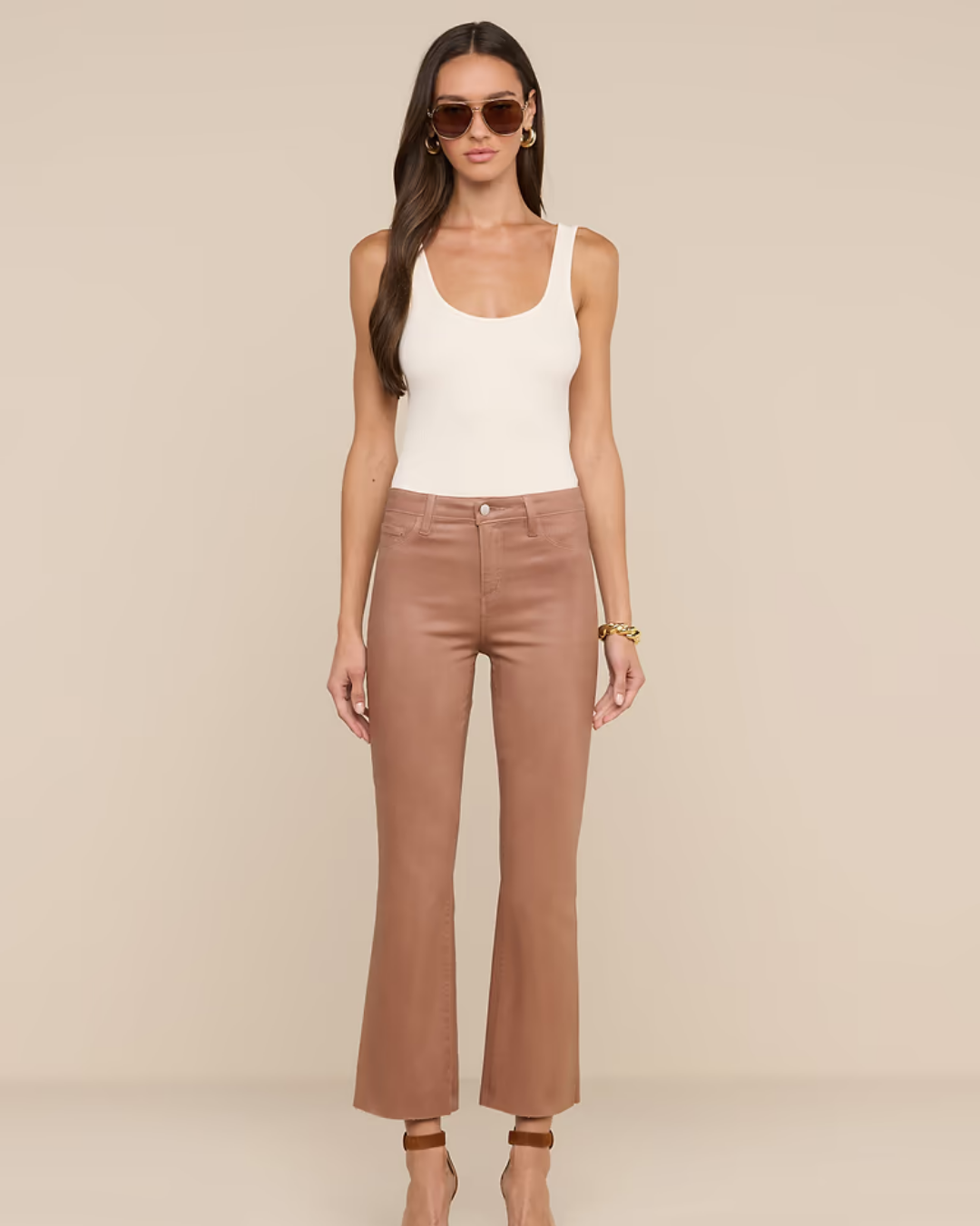 L'AGENCE Kendra High-Rise Crop Flare in Hazelnut Coated