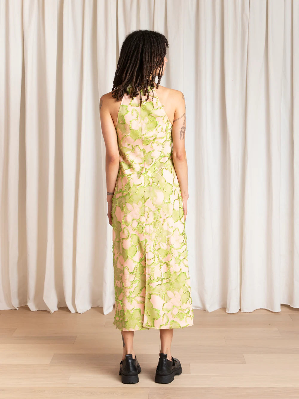 Ali Golden High Neck Bias Cut Dress in Pink Lime