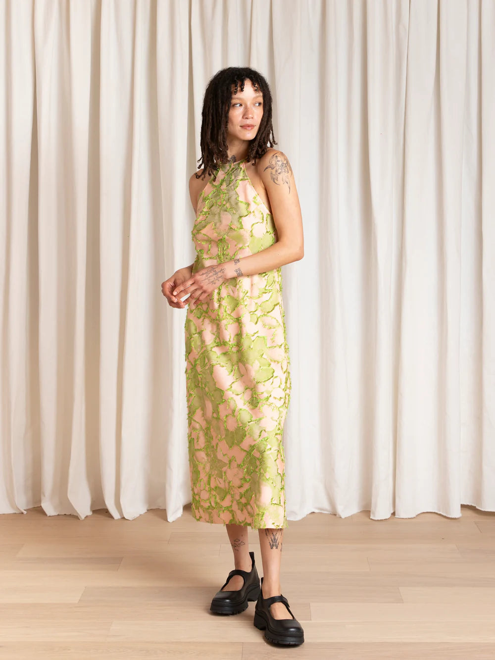 Ali Golden High Neck Bias Cut Dress in Pink Lime