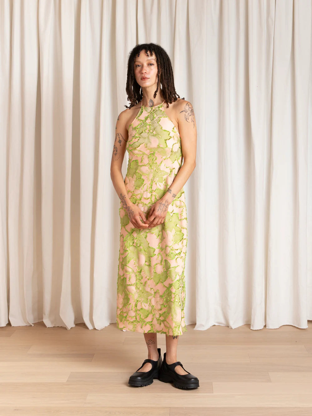 Ali Golden High Neck Bias Cut Dress in Pink Lime