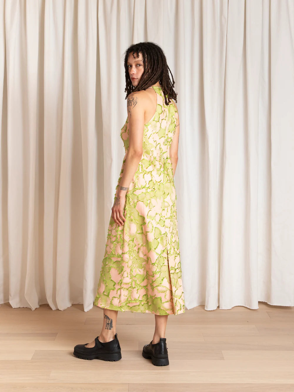 Ali Golden High Neck Bias Cut Dress in Pink Lime