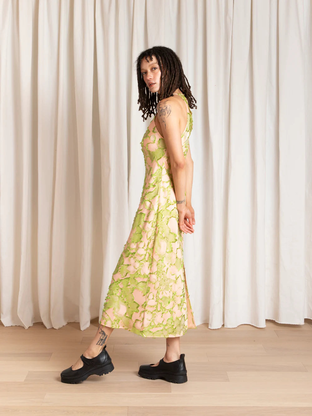 Ali Golden High Neck Bias Cut Dress in Pink Lime