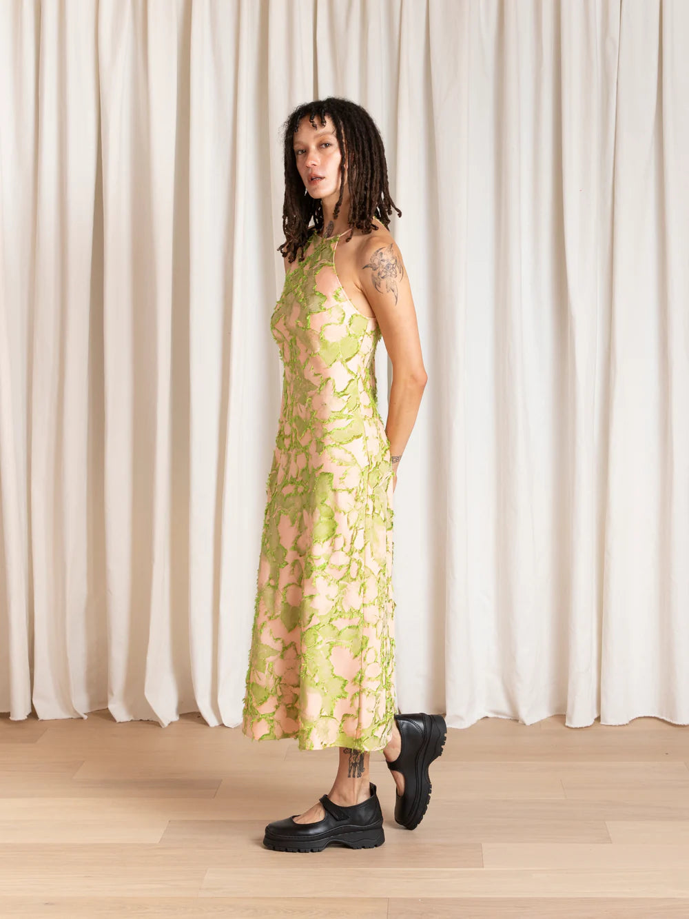 Ali Golden High Neck Bias Cut Dress in Pink Lime