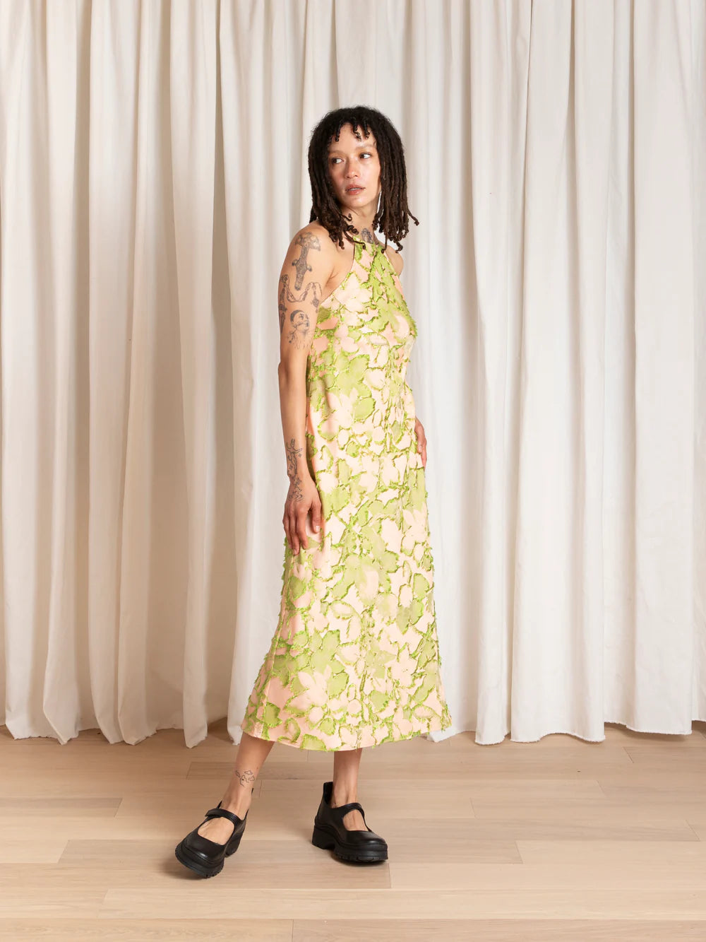 Ali Golden High Neck Bias Cut Dress in Pink Lime