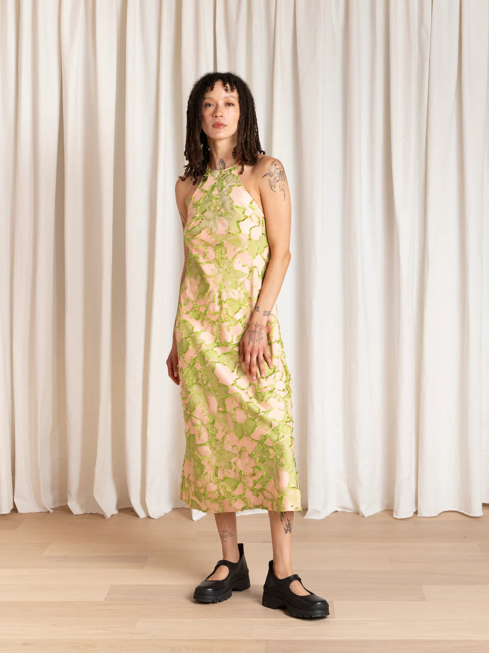 Ali Golden High Neck Bias Cut Dress in Pink Lime