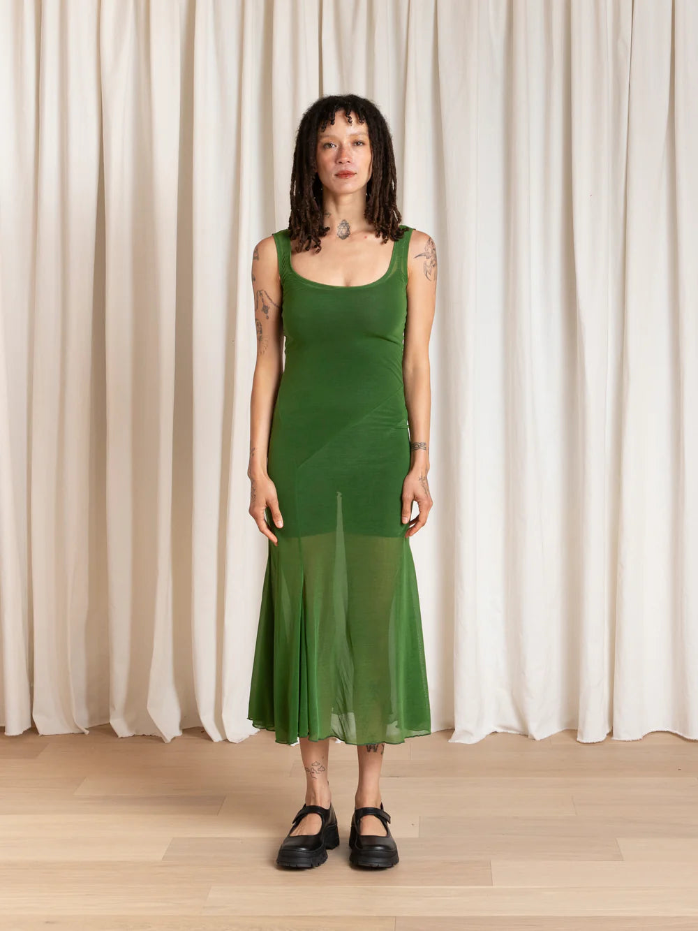 Ali Golden Tank Dress with Asymmetrical Hem in Grass Green