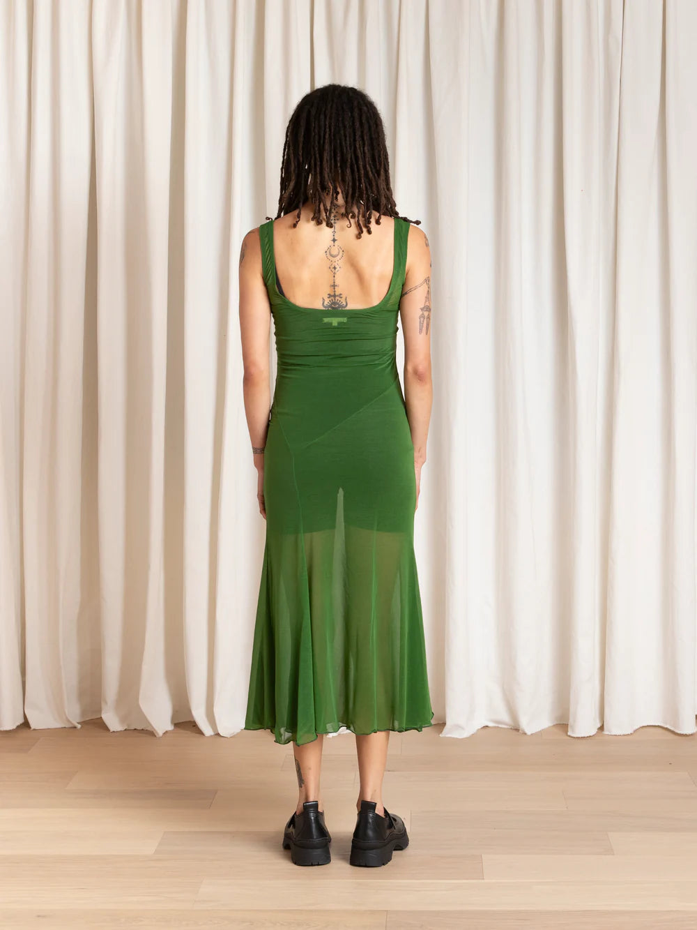 Ali Golden Tank Dress with Asymmetrical Hem in Grass Green