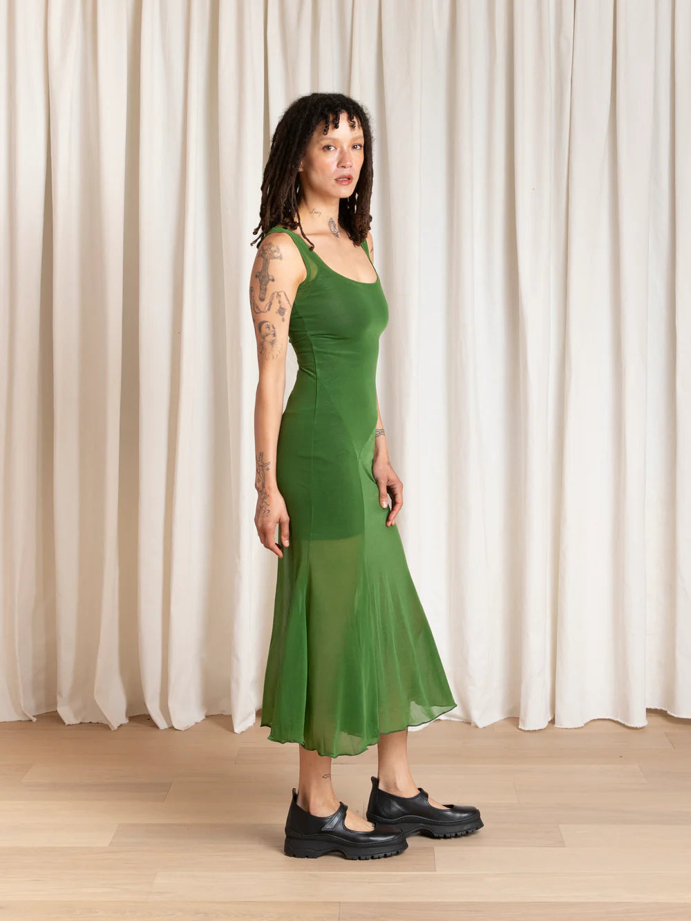 Ali Golden Tank Dress with Asymmetrical Hem in Grass Green