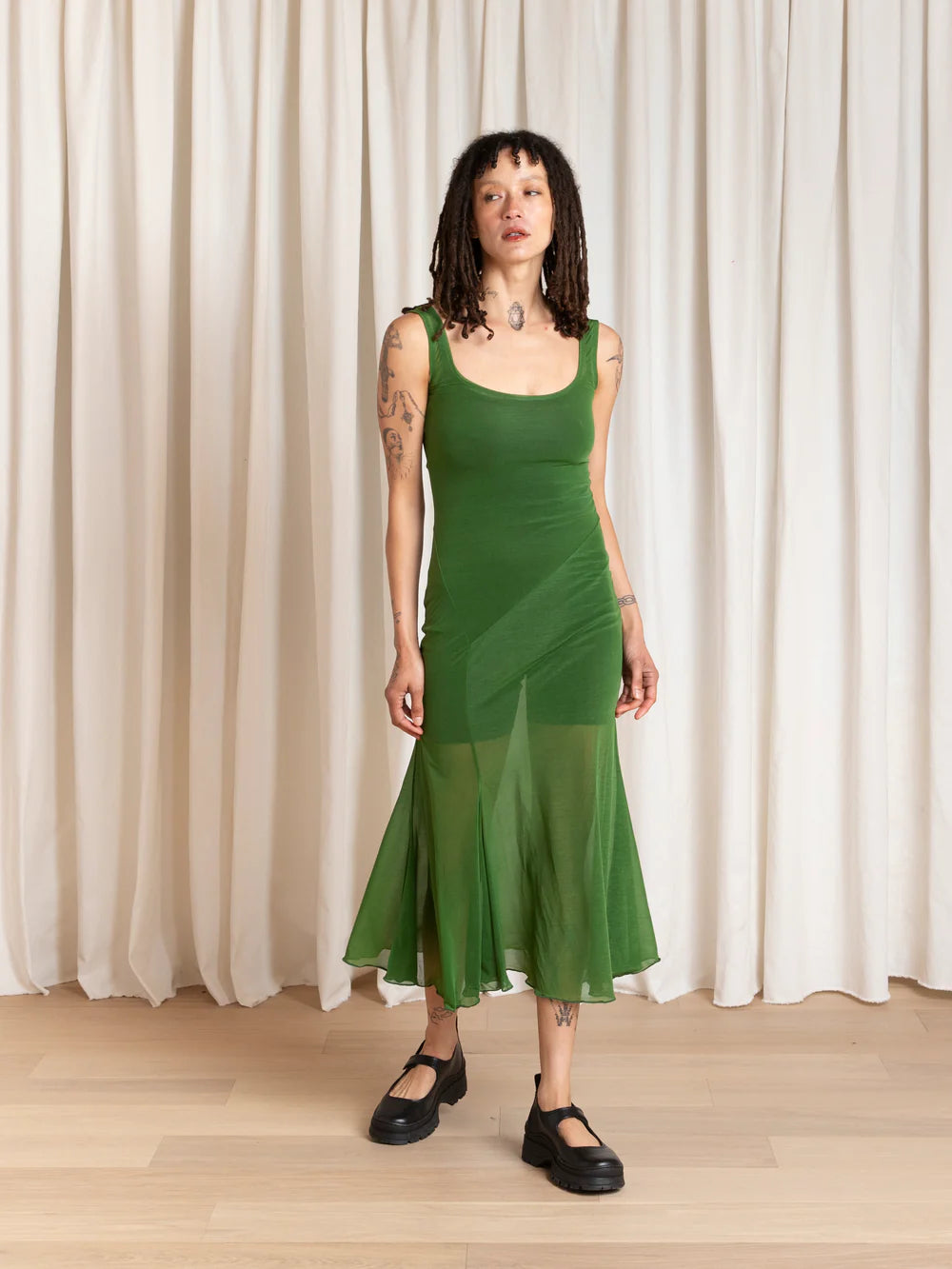 Ali Golden Tank Dress with Asymmetrical Hem in Grass Green