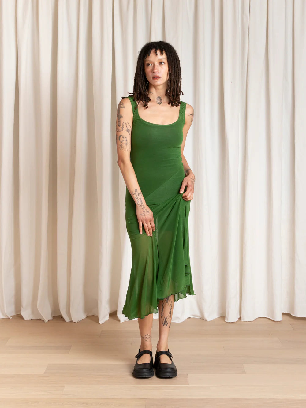 Ali Golden Tank Dress with Asymmetrical Hem in Grass Green