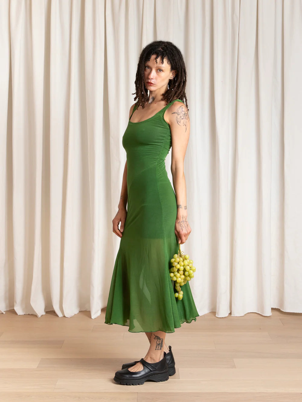 Ali Golden Tank Dress with Asymmetrical Hem in Grass Green