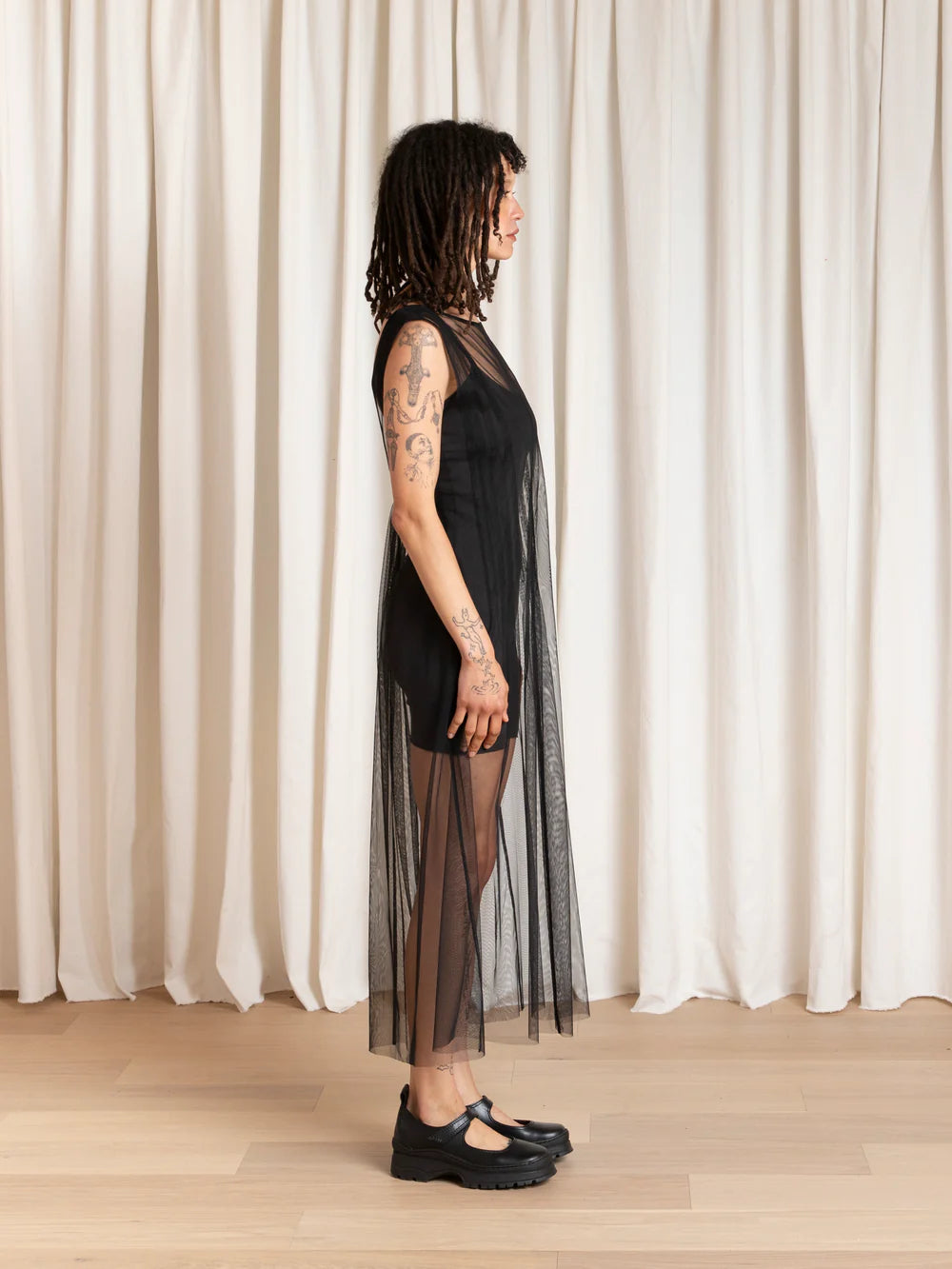 Ali Golden Pleated Mesh High Neck Dress in Black