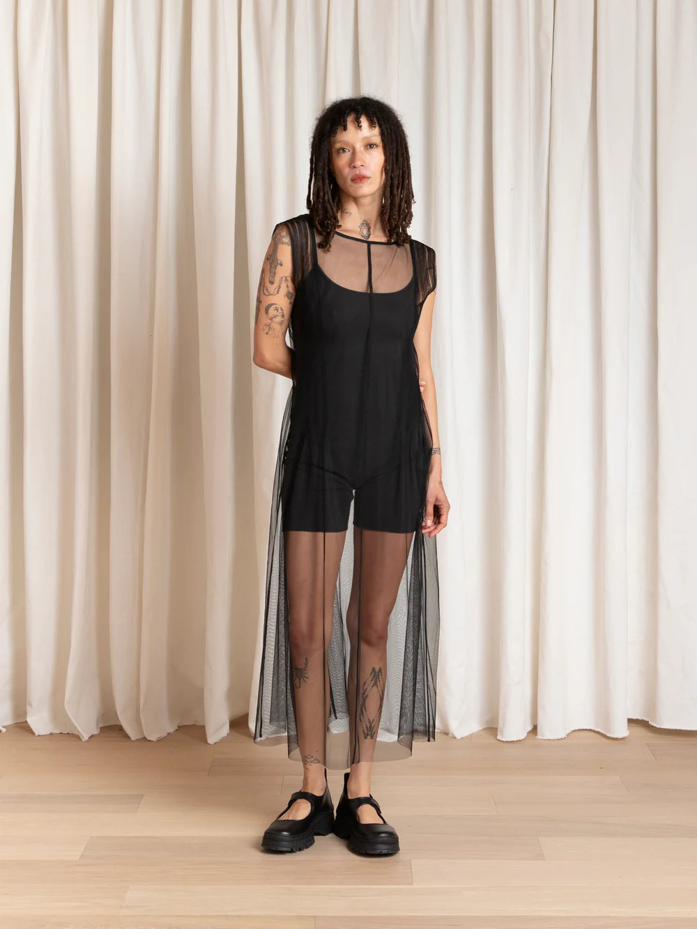 Ali Golden Pleated Mesh High Neck Dress in Black