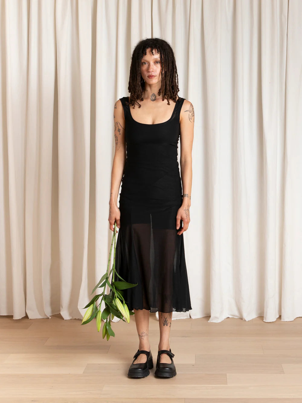 Ali Golden Tank Dress with Asymmetrical Hem in Black