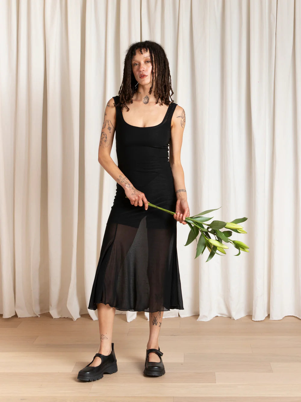 Ali Golden Tank Dress with Asymmetrical Hem in Black