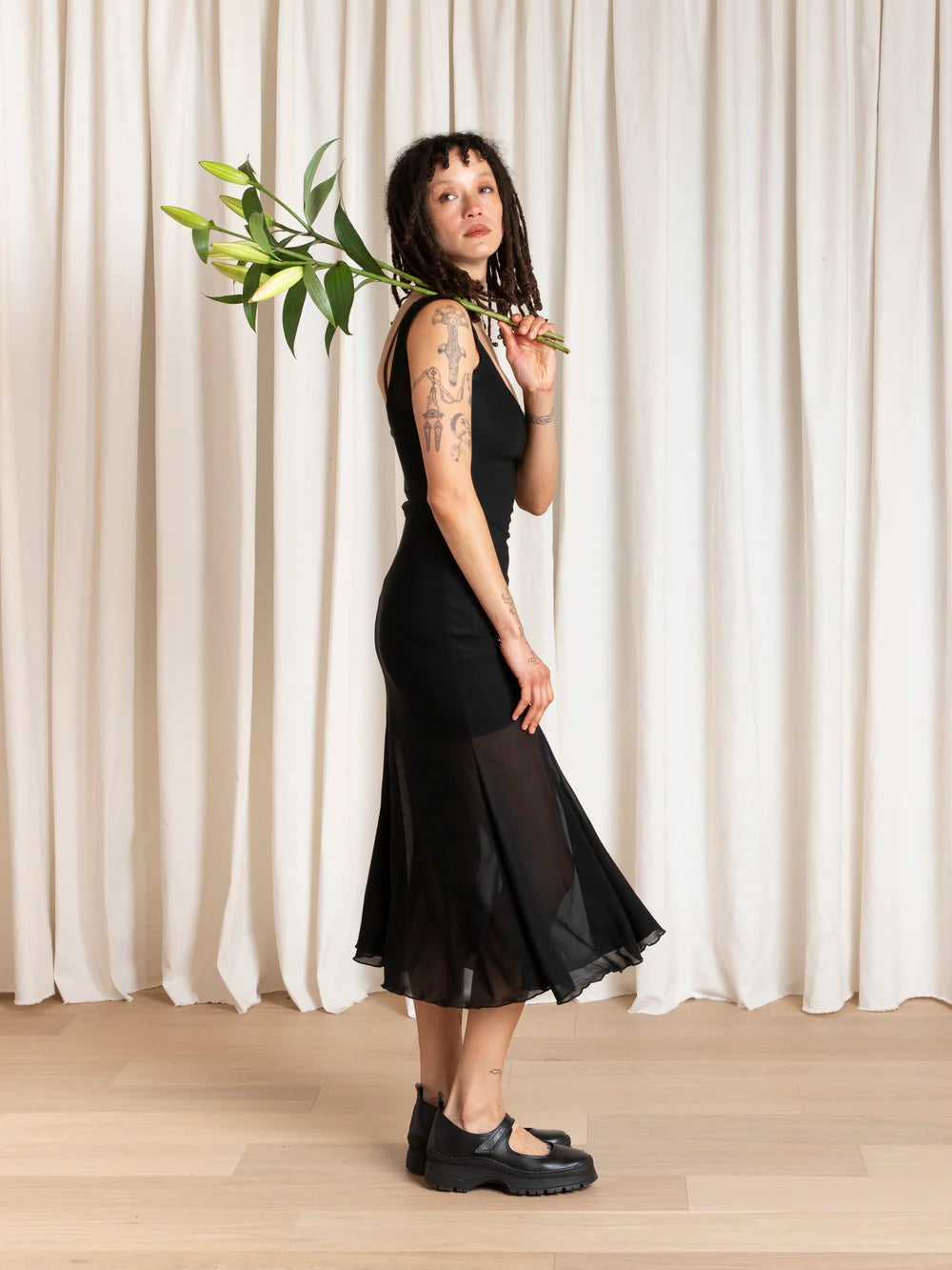 Ali Golden Tank Dress with Asymmetrical Hem in Black
