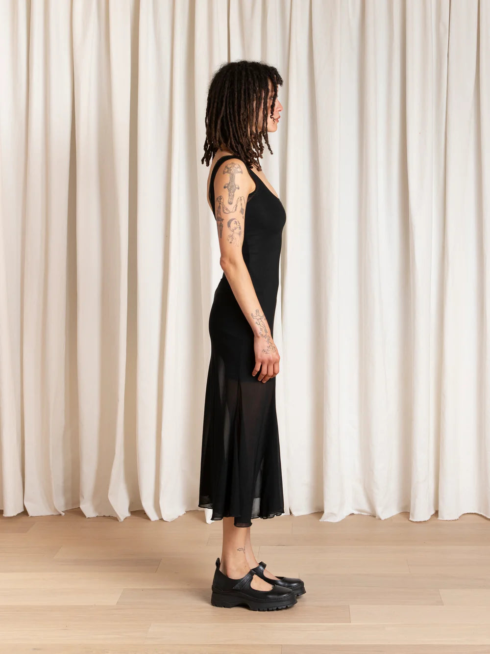 Ali Golden Tank Dress with Asymmetrical Hem in Black