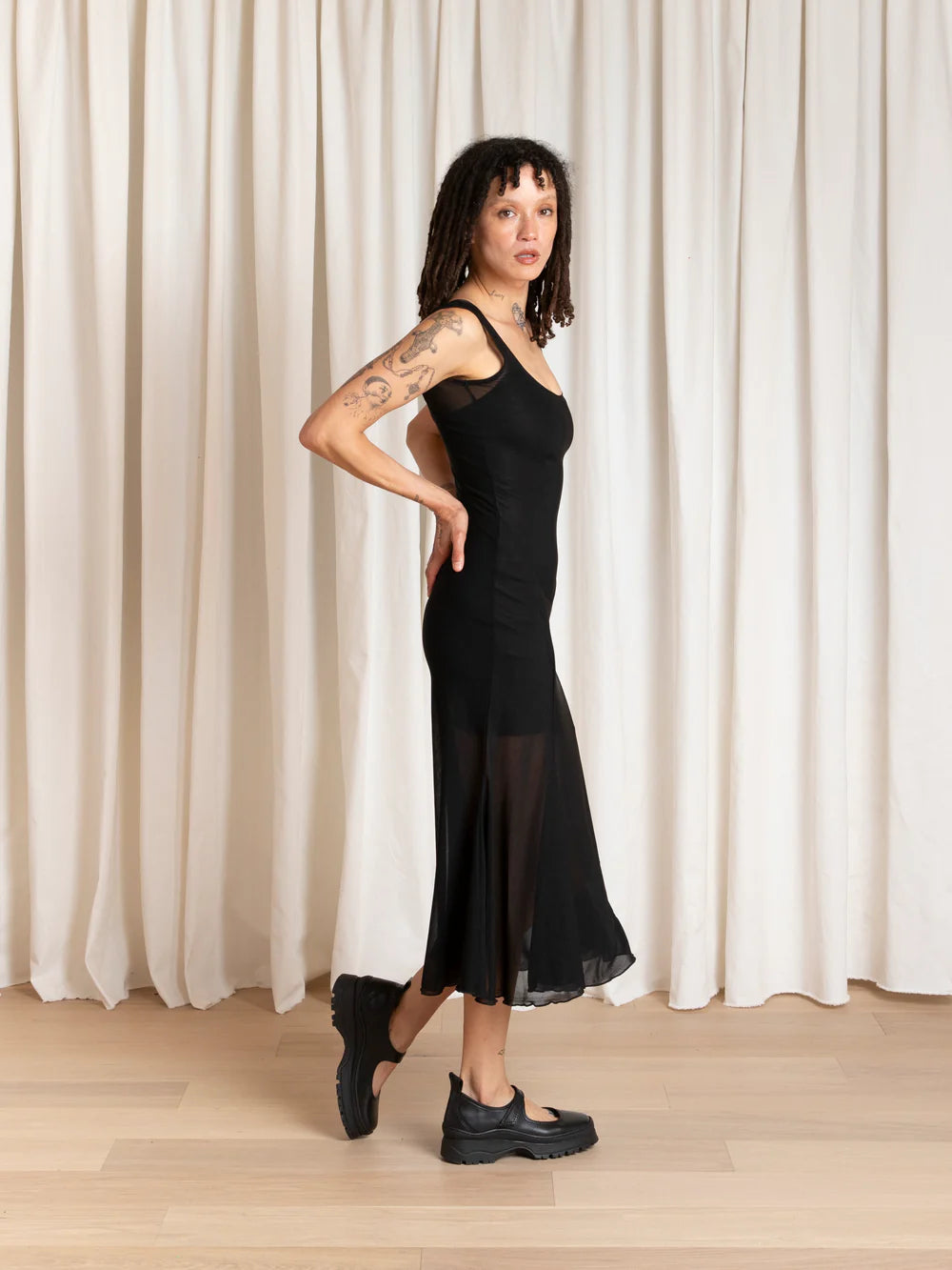 Ali Golden Tank Dress with Asymmetrical Hem in Black